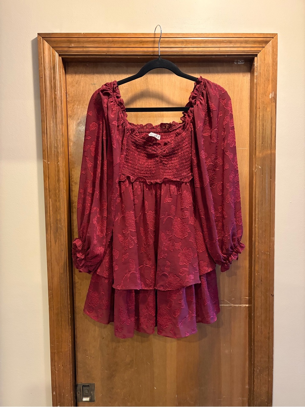 Altar'd State Wine Red Smocked Ruffle Mini Dress